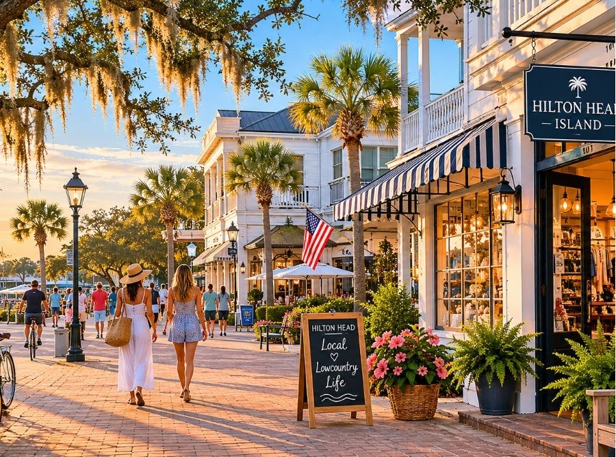 Golden hour view of a charming Hilton Head Island small business district with palm trees, Spanish moss oak trees, local storefronts, bicycles, and people walking in a relaxed upscale Lowcountry coastal setting.
