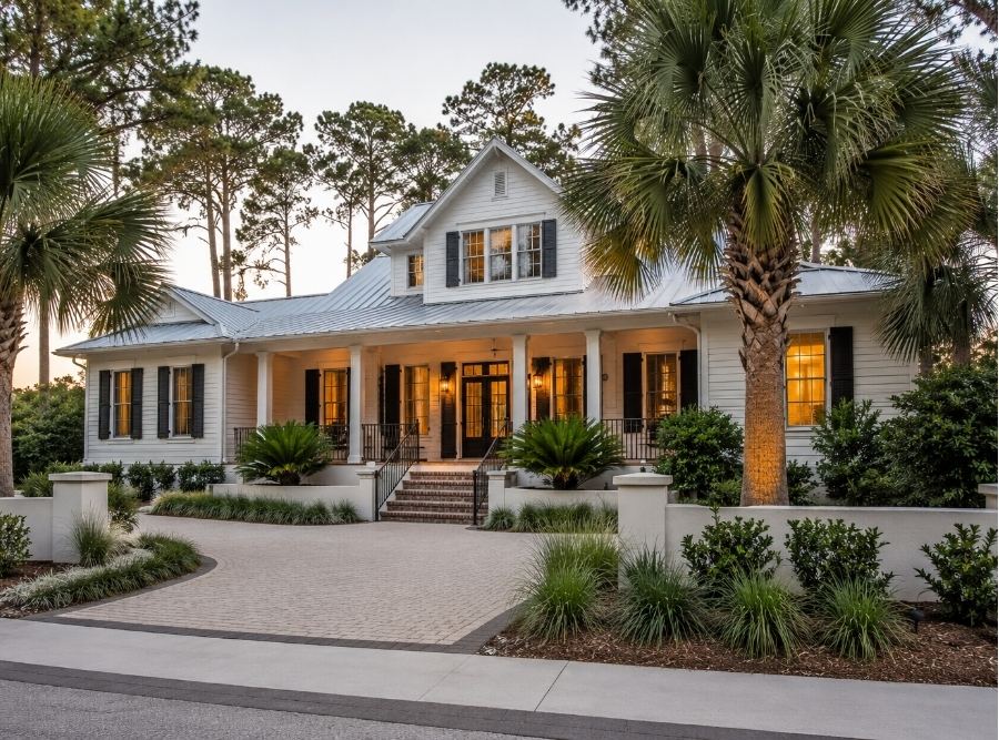 Coastal luxury home in Hilton Head Island, South Carolina featuring a spacious front porch, metal roof, palm trees, and professionally landscaped grounds.