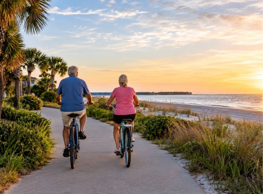 Active retired couple cycling along a scenic coastal pathway beside the beach on Hilton Head Island, South Carolina, enjoying a healthy outdoor retirement lifestyle.